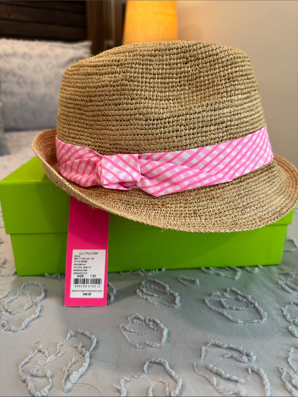 Lilly Pulitzer Straw Fedora Hat with Pink Gingham Band - Picture 2 of 6